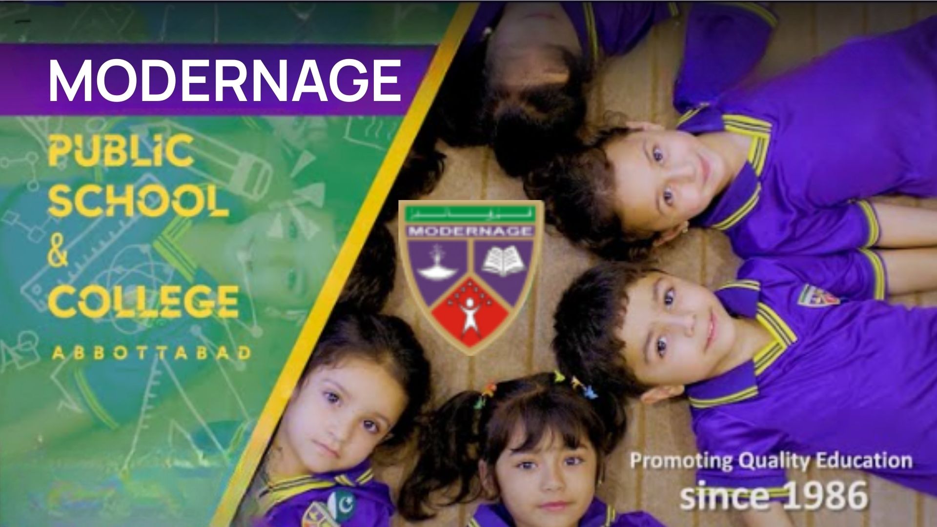 Modernage students with school banner smiling